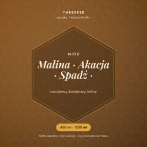 Etykieta miodu malina–akacja–spadź ThreeBee