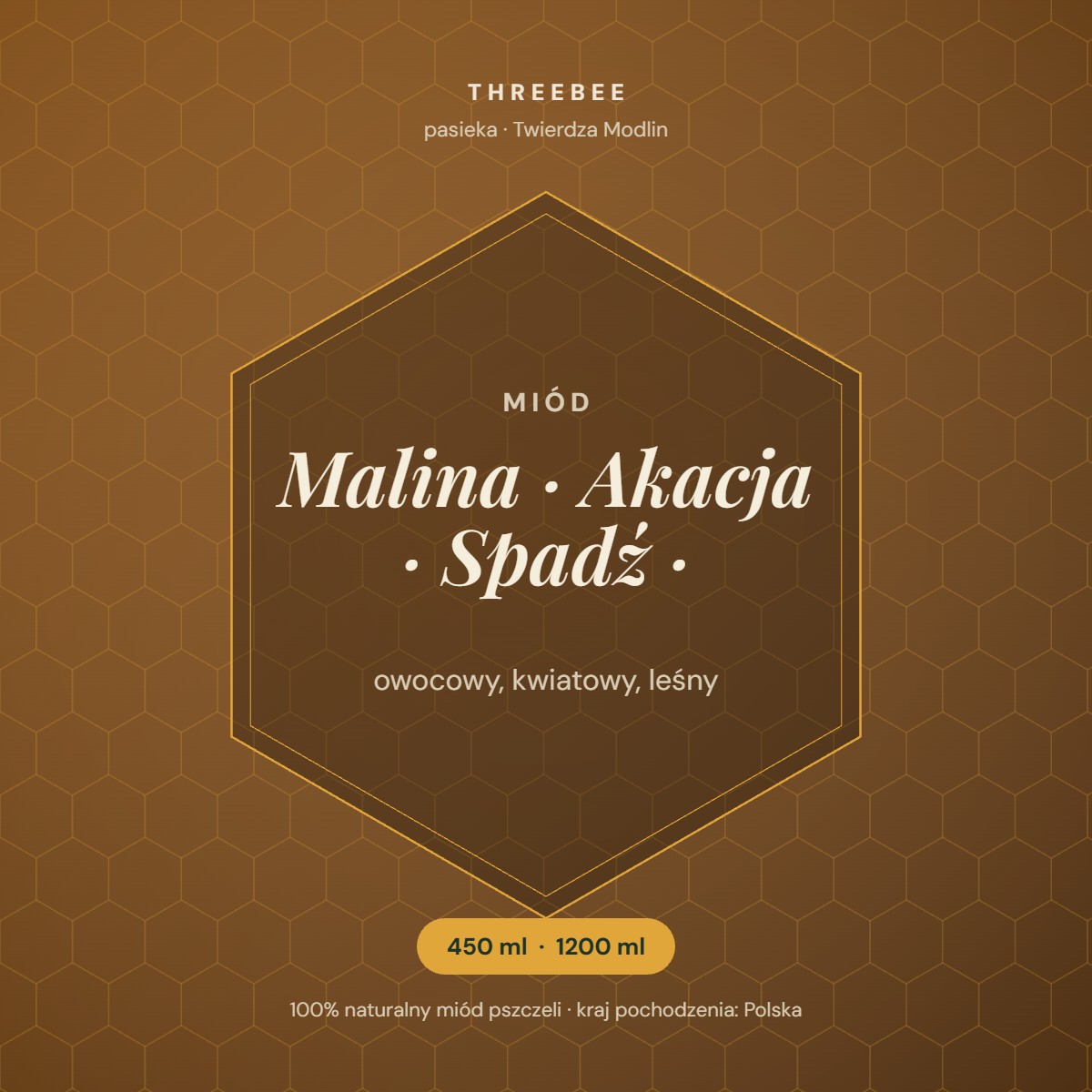 Etykieta miodu malina–akacja–spadź ThreeBee